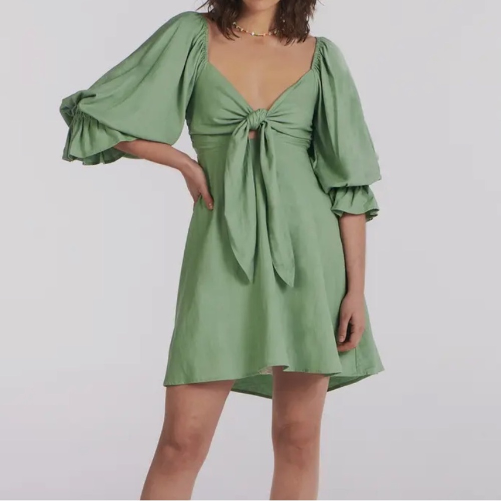 Charlie Holiday Sonny Tie Front Linen & Cotton Dress medium, sage